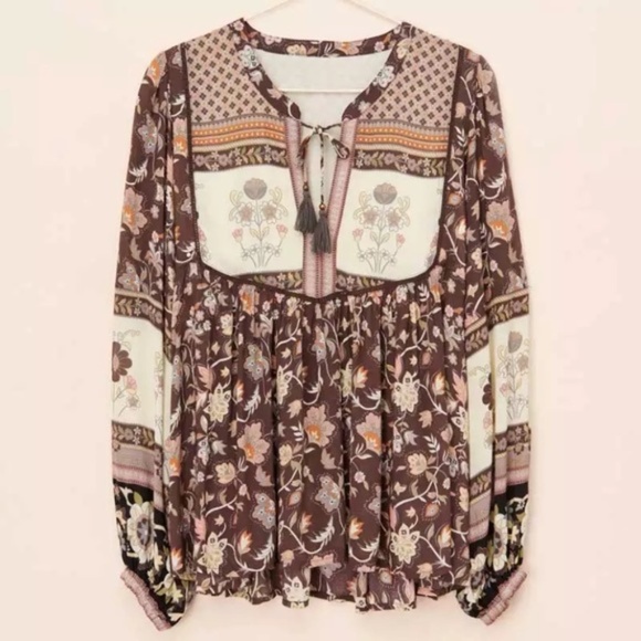 Gypsy Floral Boho Tassel Tie Long Sleeve Blouse - Picture 6 of 6